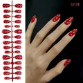 Red almond press-on nails with silver rhinestones for a natural handmade look. - Full Drill Magic Red (SJ17#)