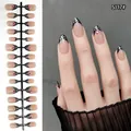 Elegant almond press-on nails with black polka dot French tips and pink floral gems. - French Polka Dot (SJ18#)