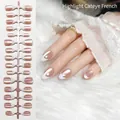 High-gloss cat-eye French style almond press-on nails with nude and white finish - Bright Cat Eye French (CF02#)