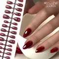 Handmade short almond-shaped press-on nails in a glossy deep burgundy red finish - Red (DXR09#)