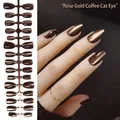 Handmade realistic rose gold brown cat-eye almond press-on nails, 30 pieces set - Rose Gold Coffee Cat Eye (MY05#)
