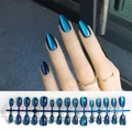Glossy blue cat eye almond shape press-on nails set for natural looking manicure - Blue Cat Eye (MY13#)