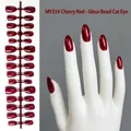 Realistic handmade cherry red almond press-on nails with glass bead cat-eye effect - Cherry Red Cat Eye (MY21#)