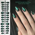 Elegant emerald green cat-eye effect handmade press-on nails with almond shape design - Emerald Glass Bead Cat Eye (MY24#)