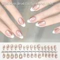 Natural almond shaped cat-eye French press-on nails set with nude and white tips - Nude Glass Bead Cat Eye French (CF06#)
