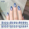 Blue cat eye short almond press-on nails with shimmering gradient finish SKU MY30# - Ultramarine Gradient (MY30)