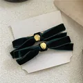Pair of elegant dark green velvet bow hair clips with gold hexagonal accents for women - Bowknot Gold Bead Pair / Dark Green