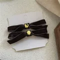 Elegant pair of dark brown velvet bow hair clips with gold irregular metallic centers - Bowknot Gold Bead Pair / Brown