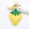 Cute yellow strawberry PU leather keychain with yellow tassel and gold metal clasp - Yellow Strawberry