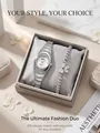 Detail view of luxury rhinestone quartz watch and butterfly bracelet set in gift box - Silver Watch Bracelet Set