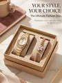 Luxury gold quartz watch and beaded flower bracelet gift set with sparkling rhinestone detail - Gold Watch Bracelet Set