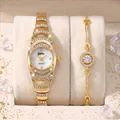 Detail shot of elegant luxury gold quartz watch and rhinestone bracelet jewelry set - Gold Watch + Diamond Bracelet
