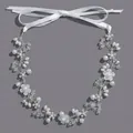 Handmade bridal hair vine featuring white pearls and crystals with a silk ribbon tie - Silver