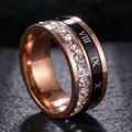 Elegant rose gold and black stainless steel ring with Roman numerals and clear square stones - 12-c-2 Rose Gold Square Diamond Roman Numerals / Size 5