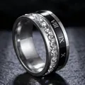 Silver stainless steel band ring featuring Roman numerals and a central row of clear crystals - 12-c-1 Steel-colored Square Diamond Roman Numerals / Size 5