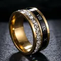 Elegant gold-plated stainless steel ring featuring crystals and Roman numeral engravings - Roman Numeral Zirconia / Gold / US 5