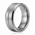 Bague minimaliste en acier inoxydable argenté 8mm avec fini brossé et rainure polie - Taille 7 / Acier