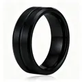 Bague minimaliste de 8 mm en acier inoxydable noir brossé avec rainure centrale - Taille 7 / Noir