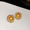 Elegant 18k gold plated pearl stud earrings with sparkling zircon halo for women. - Silver Earring Post Earrings / Gold