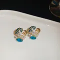 Exquisite 18k gold plated marine theme stud earrings with blue shell, starfish and pearls - Silver Earring Post Earrings / Gold