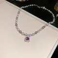 Elegant lavender and white pearl necklace with a square purple zircon pendant, 18k gold plated. - Necklace / Silver