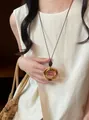 Vintage Maillard style wooden double-ring geometric pendant long sweater necklace - Coffee - Vintage Double Ring