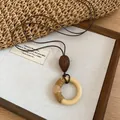 Retro Maillard style wooden resin necklace with woven rope detail and brown cord - Hemp Rope Circle Maillard Style (19#)