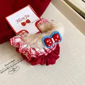 Vintage Mori στυλ βελούδινο κόκκινο καρό φιόγκο scrunchie αξεσουάρ για κορίτσια - Λαστιχάκι Μαλλιών με Φιόγκο από Λούτρινο Patchwork (10) / Κόκκινο/Μπεζ