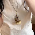 Vintage Maillard style necklace featuring mini woven basket and wood acorn pendant - Coffee & White - Acorn Style