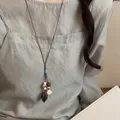 Retro Maillard style wooden and resin bead sweater chain necklace with pod pendant - Ping An Wood Bead Seed Style (22#)