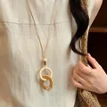 Retro wooden resin geometric oval pendant necklace with Maillard style for women - Beige & Coffee Ring