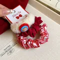 Vintage κόκκινο καρό σετ scrunchie από ψεύτικη γούνα με γούρι αρκούδα - Σετ Λαστιχάκια Μαλλιών με Αρκουδάκι και Πομ Πόν (11) / Κόκκινο/Καρό