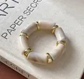 Marbled cream acrylic cylinder bead bracelet with gold metal spacers for women - Gold-Cream White (Marbling)