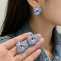 Elegant vintage style blue beaded stud earrings with silver metallic knot center - 2607013B Blue Beaded Triangle