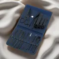 Professional 16pcs matte black manicure set in a premium blue folding leather travel case - 16-Piece Set (Blue)