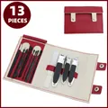 Professional 13-piece manicure set with nail clippers in a stylish red leather travel case - 13-Piece Set (Wine Red)