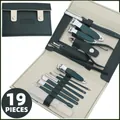 Professional 19-piece stainless steel manicure set with dark green pouch for travel - 19-Piece Set (Dark Green)