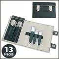 Professional 13-piece stainless steel manicure set with green leather folding case - 13-Piece Set (Dark Green)