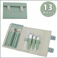 Professional 13-piece manicure set and nail clipper kit in sage green leather case - 13-Piece Set (Matcha Green)