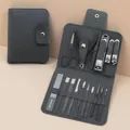 Professional 16-piece black manicure set with matte tools in a leather travel case - 16-Piece Set (Misty Grey)