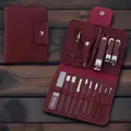 Professional 16-piece burgundy leather manicure set for home and travel grooming - 16-Piece Set (Rose Red)