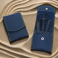Complete black stainless steel manicure set in a premium blue leather folding case - 4-Piece Set (Single Clipper-Blue)