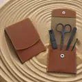 Premium black stainless steel manicure set with a brown leather pouch for grooming - 4-Piece Set (Single Clipper-Brown)