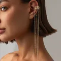 Elegant gold and silver long chain tassel ear cuff jewelry for women stylish design - Two-tone Gold and Silver Tassel Ear Clip (03810) / Single Piece / Multicolor