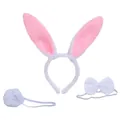 Plush white and pink bunny ears headband set with bow tie and tail accessory - White and Pink Plush Bunny Set (White Bowtie)