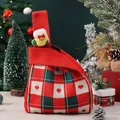 Festive red and green plaid Christmas knit gift bag featuring heart patterns and bow - Red Plaid Knit Bag with Sock Doll