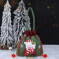 Festive green snowman Christmas flannel drawstring gift bag with handle and bells - Embossed Faux Leather Snowman Bag / 23x22cm
