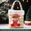White Christmas velvet gift bag with cute snowman design and golden glitter details - Yellow Snowman Bag / 20*22cm
