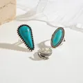Vintage ethnic style turquoise ring set featuring engraved feather designs for women - 3-Piece (26483-silver)
