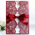 Burgundy laser-cut wedding invitation card with red ribbon and floral inner card - Dark Red